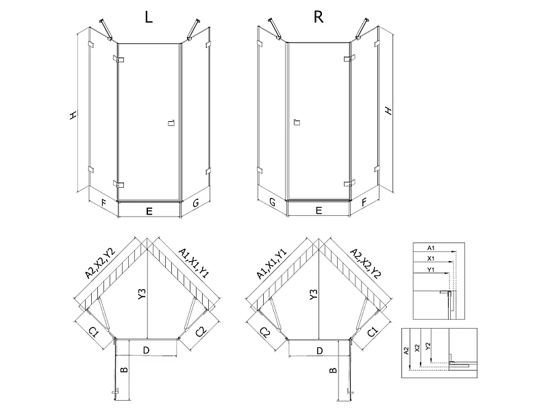 Mexen Lunar pentagonal shower cabin, swing left 80 x 80 cm, transparent, rose gold - 831-080L-080P-60-00-L