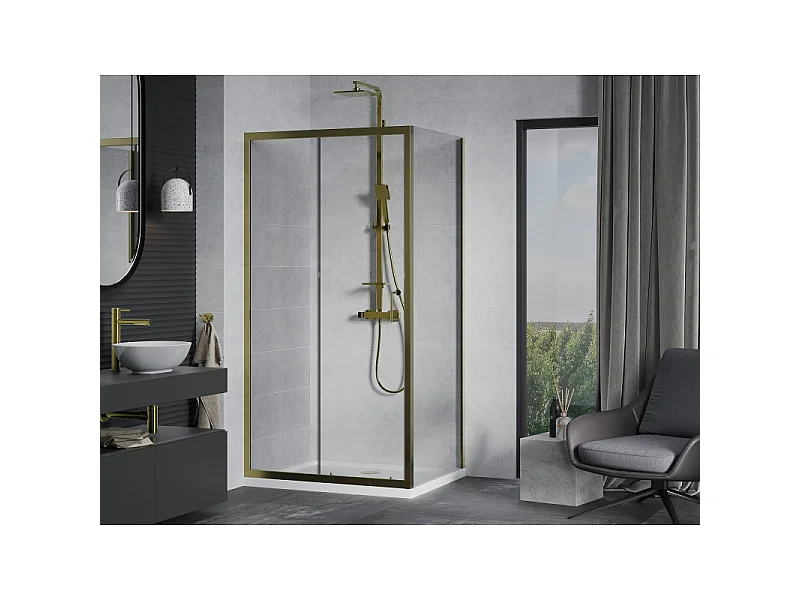 Mexen Apia skydeduschkabine 100 x 70 cm, transparent, guld + Flat brusekar, hvid - 840-100-070-50-00-4010G