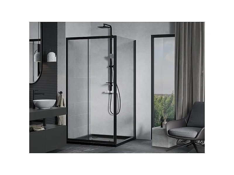 Mexen Apia Schiebetür-Duschkabine 90 x 90 cm, transparent, schwarz + flacher Duschboden, schwarz - 840-090-090-70-00-4070B