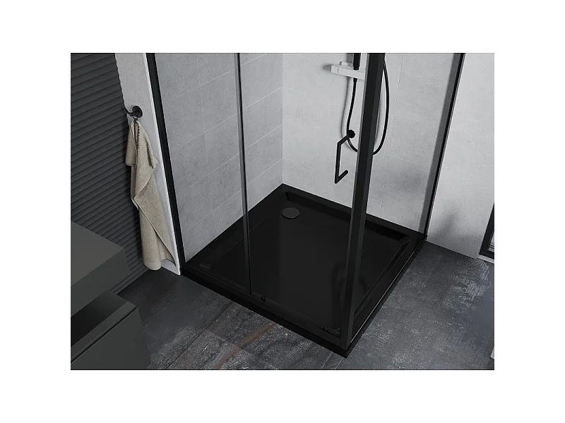Mexen Apia Schiebetür-Duschkabine 90 x 90 cm, transparent, schwarz + flacher Duschboden, schwarz - 840-090-090-70-00-4070B