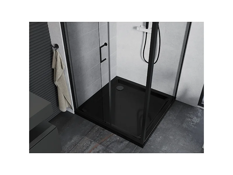 Mexen Apia Schiebetür-Duschkabine 90 x 90 cm, transparent, schwarz + flacher Duschboden, schwarz - 840-090-090-70-00-4070B