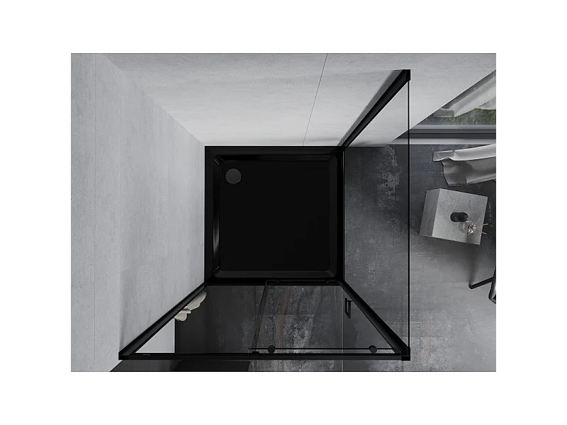 Mexen Apia Schiebetür-Duschkabine 90 x 90 cm, transparent, schwarz + flacher Duschboden, schwarz - 840-090-090-70-00-4070B