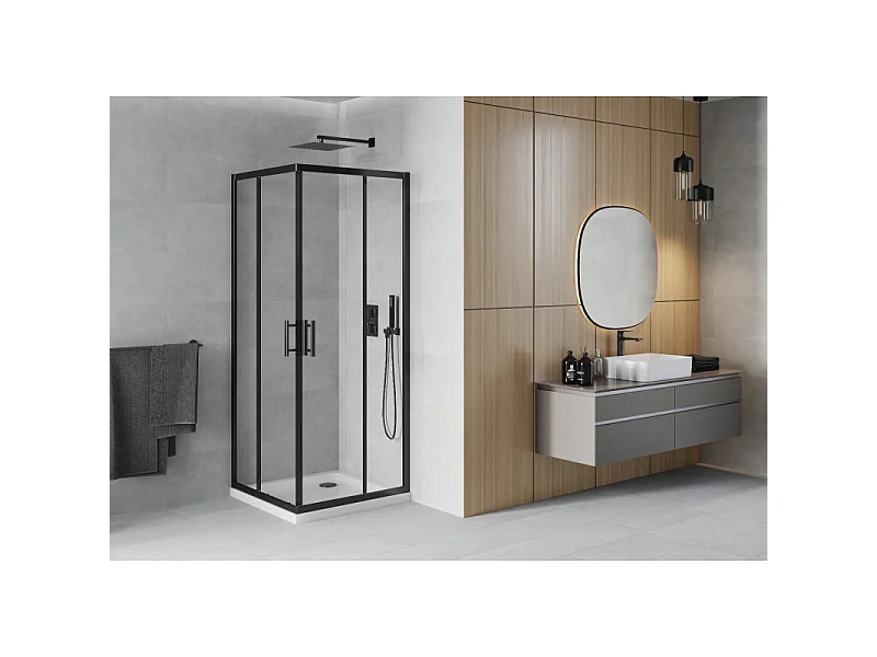 Mexen Rio kvadratisk brusekabine 80 x 80 cm, transparent, sort + Flat brusekar, hvid - 860-080-080-70-00-4010B