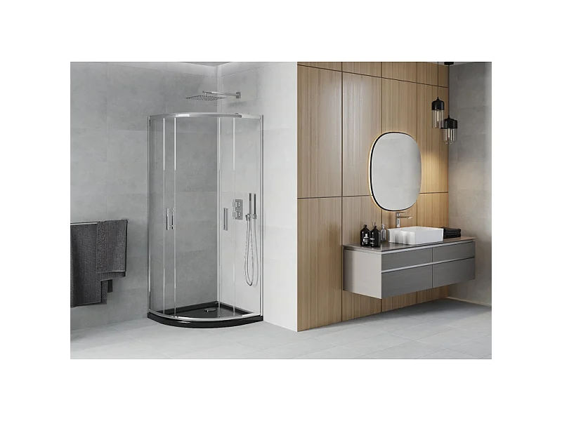 Mexen Rio Halbrunde Duschkabine 80 x 80 cm, transparent, Chrom + Duschwanne Flat, schwarz - 863-080-080-01-00-4170