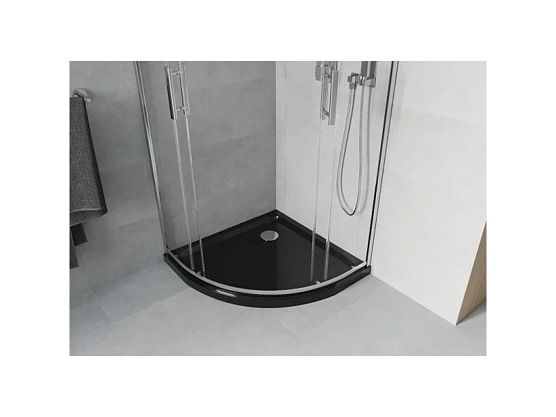 Mexen Rio Halbrunde Duschkabine 80 x 80 cm, transparent, Chrom + Duschwanne Flat, schwarz - 863-080-080-01-00-4170