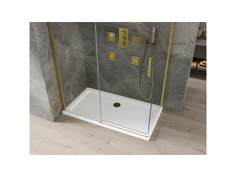 Mexen Omega cabine de douche coulissante 130 x 70 cm, transparente, or + receveur Flat - 825-130-070-50-00-4010