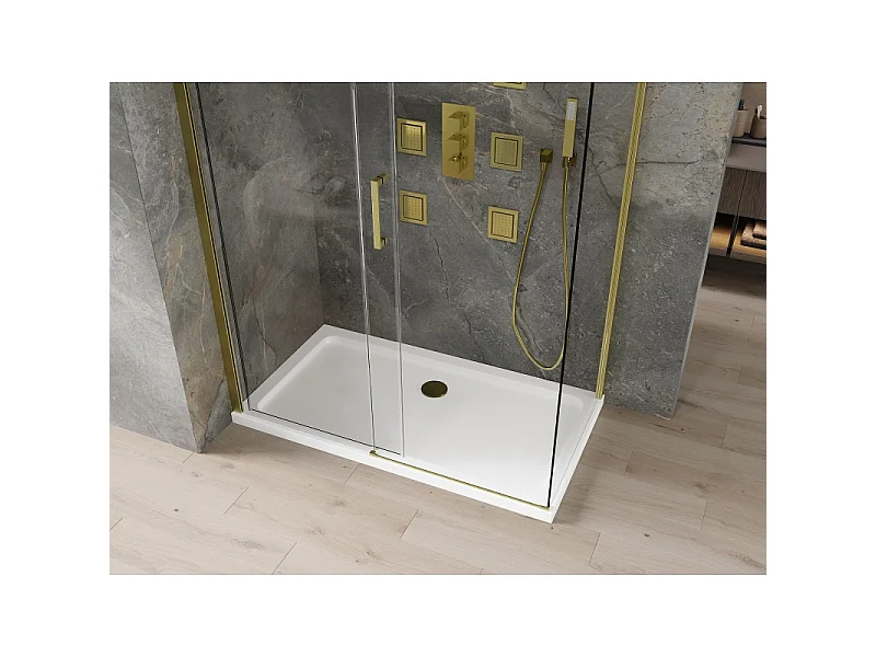 Mexen Omega cabine de douche coulissante 130 x 70 cm, transparente, or + receveur Flat - 825-130-070-50-00-4010