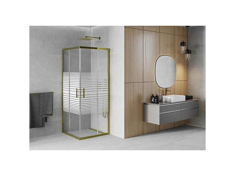 Mexen Rio vierkante douchecabine 70 x 70 cm, witte strepen, goud - 860-070-070-50-20