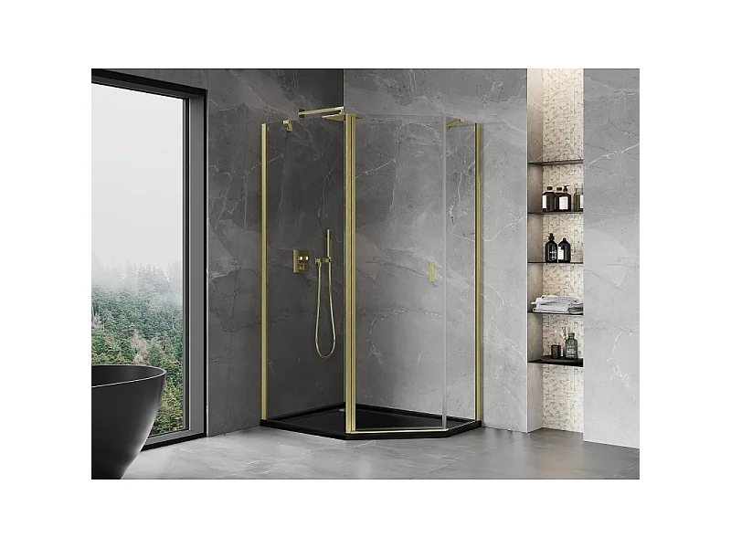 Mexen Mist cabine de duche pentagonal assimétrica com porta de abrir 100 x 90 cm, transparente, dourado escovado
