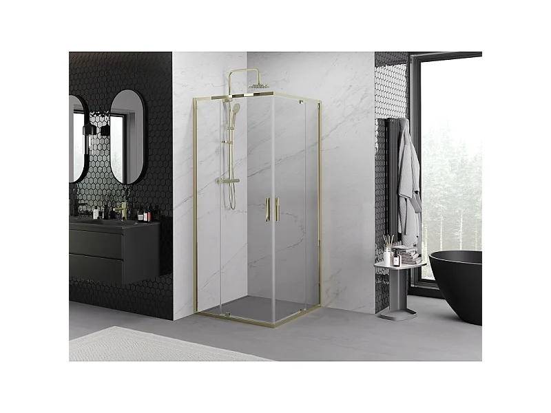 Mexen Exo vierkante douchecabine scharnierend 80 x 80 cm, transparant, goud - 8110-080-080-50-00