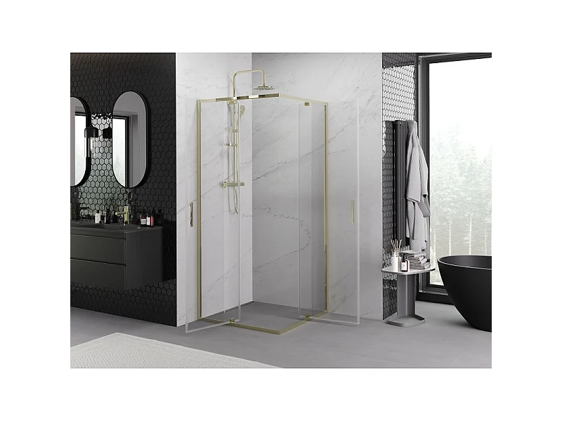 Mexen Exo vierkante douchecabine scharnierend 80 x 80 cm, transparant, goud - 8110-080-080-50-00