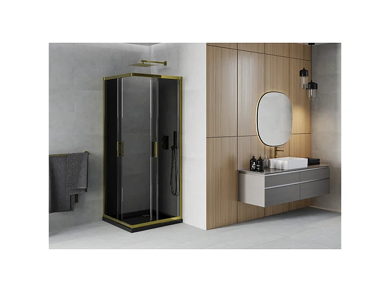 Mexen Rio cabine de douche carrée 70 x 70 cm, graphite, dorée + receveur Flat, noir - 860-070-070-50-40-4070G