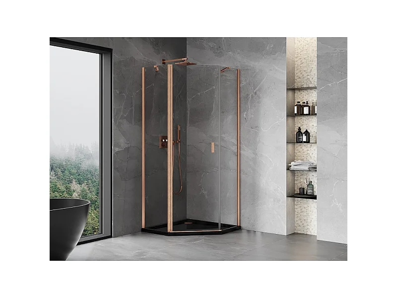 Mexen Mist cabine de douche pentagonale à charnière 90 x 90 cm, transparent, cuivre brossé - 8A8-090-090-65-00