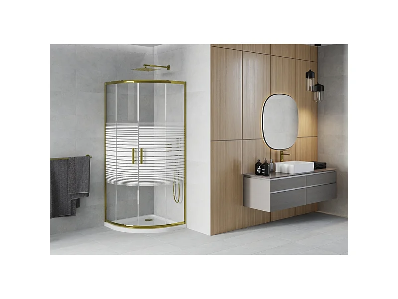 Mexen Rio brusekabine halvcirkelformet 80 x 80 cm, hvide striber, guld + Flat brusekar, hvid - 863-080-080-50-20-4110G