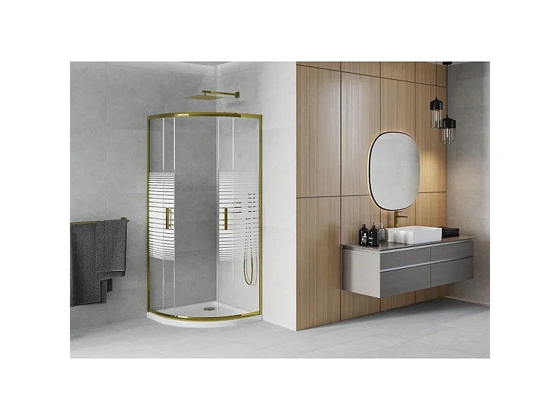 Mexen Rio brusekabine halvcirkelformet 80 x 80 cm, hvide striber, guld + Flat brusekar, hvid - 863-080-080-50-20-4110G