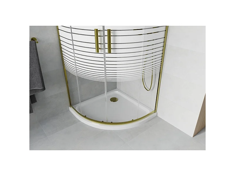 Mexen Rio brusekabine halvcirkelformet 80 x 80 cm, hvide striber, guld + Flat brusekar, hvid - 863-080-080-50-20-4110G