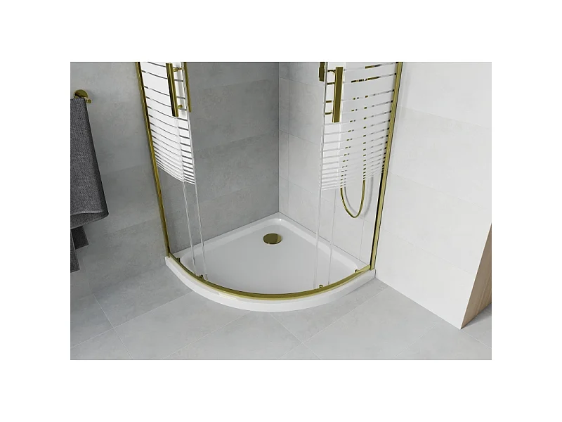 Mexen Rio brusekabine halvcirkelformet 80 x 80 cm, hvide striber, guld + Flat brusekar, hvid - 863-080-080-50-20-4110G
