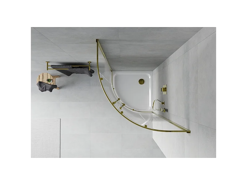 Mexen Rio brusekabine halvcirkelformet 80 x 80 cm, hvide striber, guld + Flat brusekar, hvid - 863-080-080-50-20-4110G