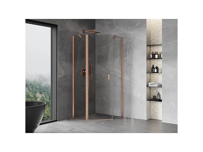 Mexen Mist pentagonal shower enclosure hinged 100 x 100 cm, transparent, brushed copper - 8A8-100-100-65-00