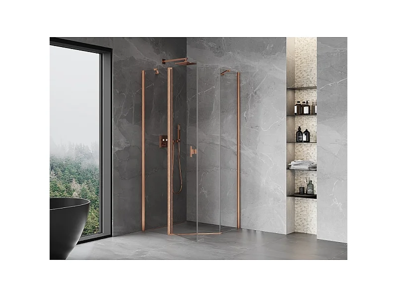 Mexen Mist pentagonal shower enclosure hinged 100 x 100 cm, transparent, brushed copper - 8A8-100-100-65-00