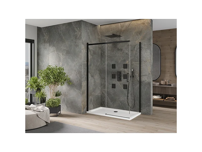 Mexen Omega uitschuifbare douchecabine 140 x 80 cm, transparant, zwart + Flat douchebak, wit - 825-140-080-70-00-4010B