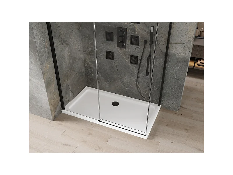 Mexen Omega uitschuifbare douchecabine 140 x 80 cm, transparant, zwart + Flat douchebak, wit - 825-140-080-70-00-4010B