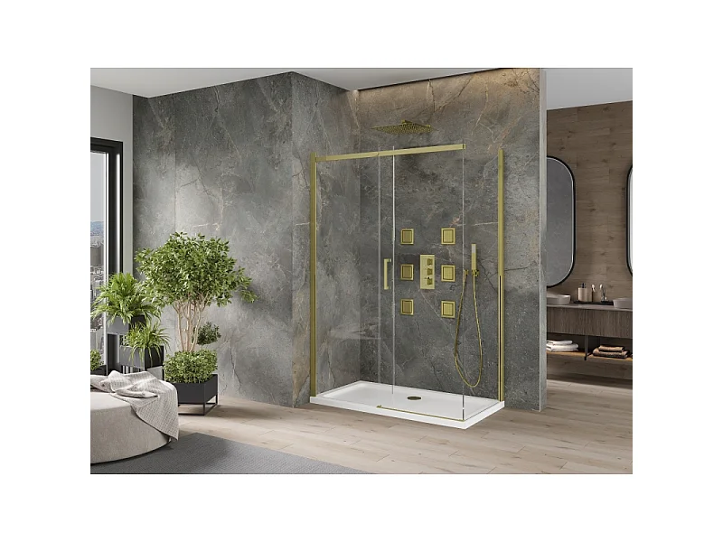 Mexen Omega cabine de douche coulissante 140 x 80 cm, transparent, or + receveur plat - 825-140-080-50-00-4010