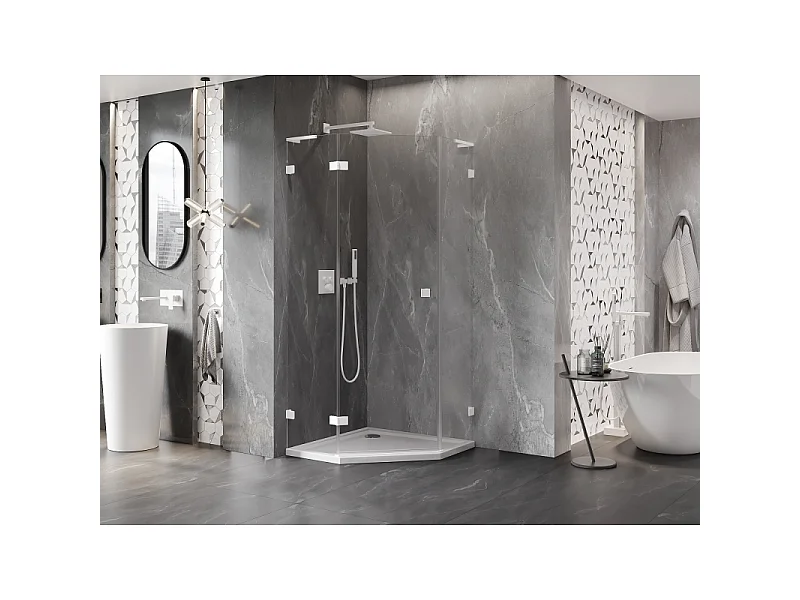 Mexen Lunar L Cabine de douche pentagonale pivotante gauche 100 x 100 cm, transparente, blanche - 831L-100L-100P-20-00-L