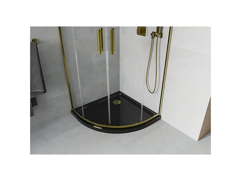 Mexen Rio halvcirkelformet brusekabine 80 x 80 cm, transparent, gylden + Flat brusekar, sort - 863-080-080-50-00-4170G