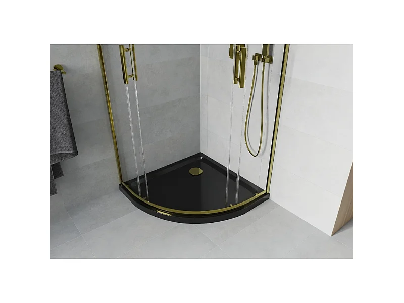 Mexen Rio halvcirkelformet brusekabine 80 x 80 cm, transparent, gylden + Flat brusekar, sort - 863-080-080-50-00-4170G