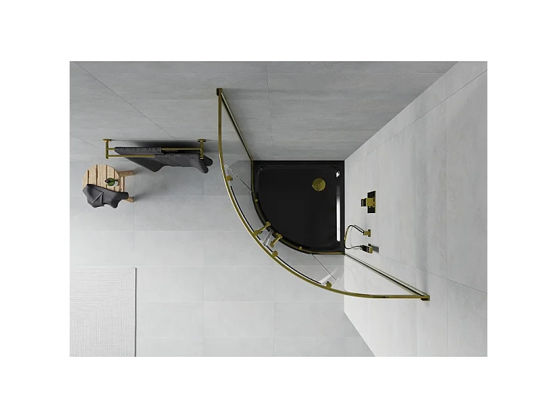 Mexen Rio halvcirkelformet brusekabine 80 x 80 cm, transparent, gylden + Flat brusekar, sort - 863-080-080-50-00-4170G