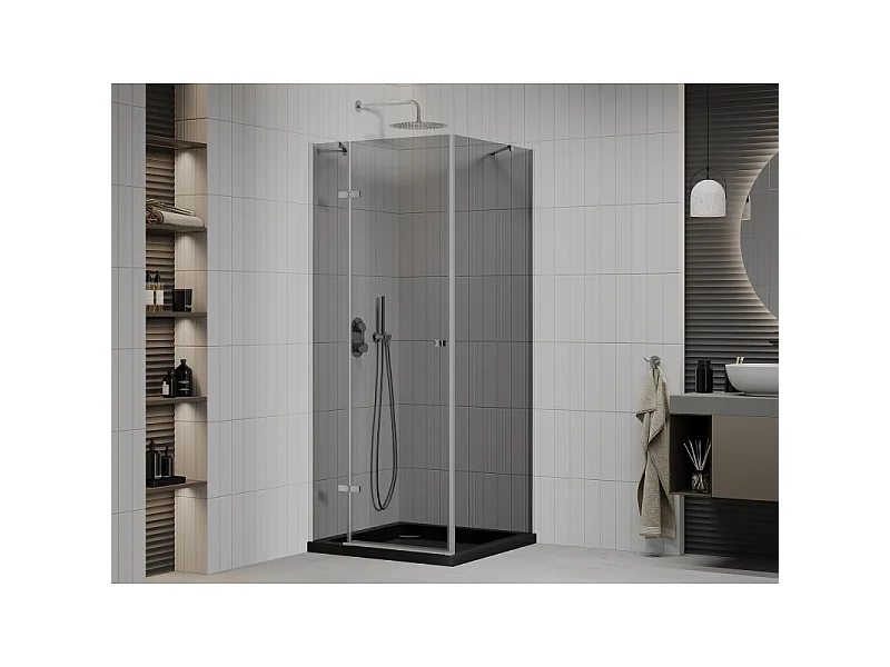 Mexen Roma cabine de douche pivotante 90 x 90 cm, graphite, chrome + receveur Flat, noir - 854-090-090-01-40-4070