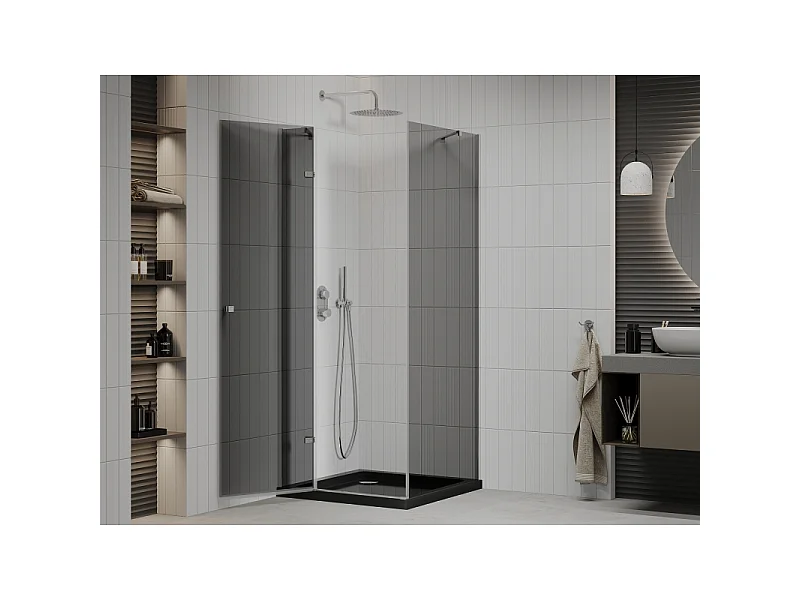 Mexen Roma cabine de douche pivotante 90 x 90 cm, graphite, chrome + receveur Flat, noir - 854-090-090-01-40-4070