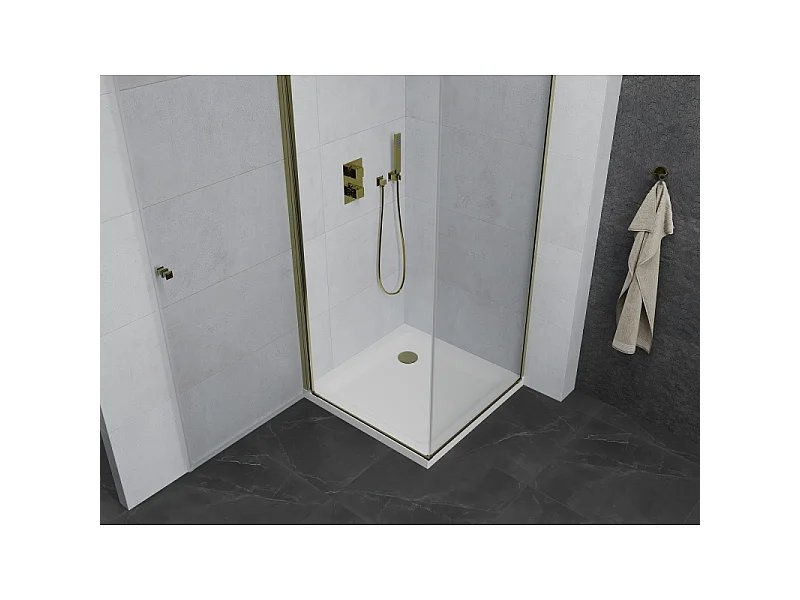 Mexen Pretoria cabine de douche pivotante 70 x 70 cm, transparent, doré + receveur plat - 852-070-070-50-00-4010
