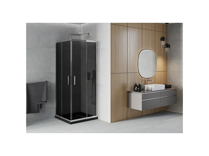 Mexen Rio vierkante douchecabine 70 x 70 cm, grafiet, chroom + vlakke douchebak, zwart - 860-070-070-01-40-4070