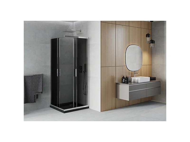 Mexen Rio vierkante douchecabine 70 x 70 cm, grafiet, chroom + vlakke douchebak, zwart - 860-070-070-01-40-4070