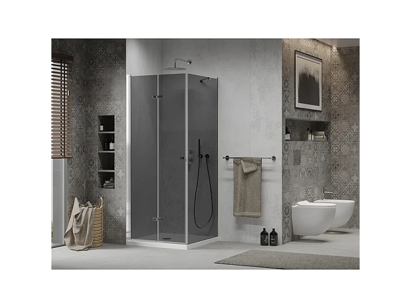 Mexen Lima cabina de ducha plegable 100 x 100 cm, grafito, cromo + plato de ducha Flat, blanco - 856-100-100-01-40-4010