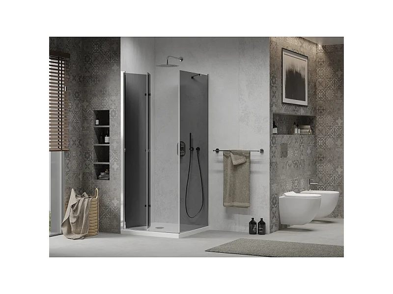 Mexen Lima cabina de ducha plegable 100 x 100 cm, grafito, cromo + plato de ducha Flat, blanco - 856-100-100-01-40-4010