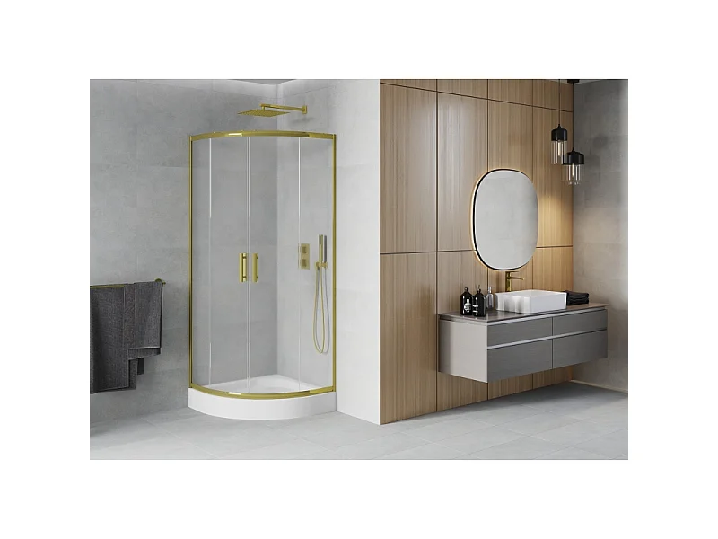Mexen Rio halvrund brusekabine 80 x 80 cm, frostet, guld + brusebund, hvid - 863-080-080-50-30-4710