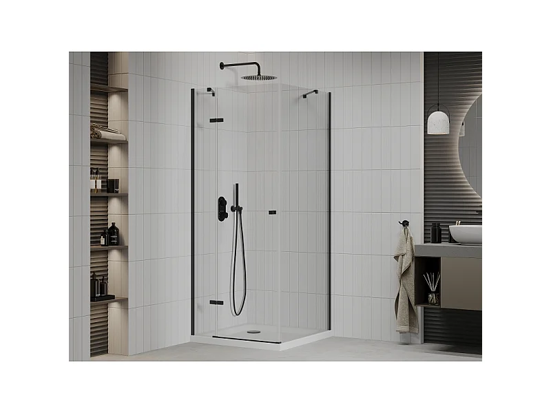 Mexen Roma draaibare douchecabine 100 x 100 cm, transparant, zwart + Flat douchebak, wit - 854-100-100-70-00-4010B