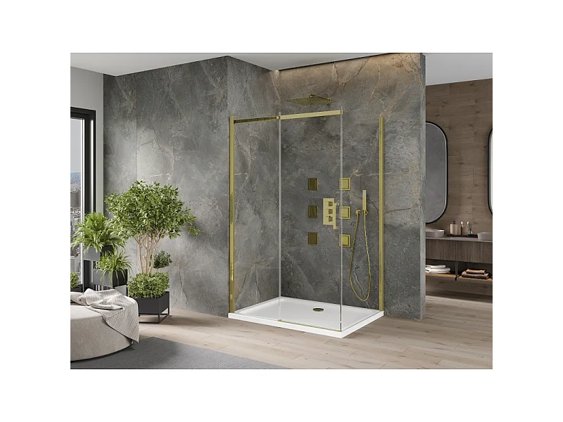 Mexen Omega skydedør brusekabine 140 x 100 cm, transparent, guld + Flat brusekar - 825-140-100-50-00-4010