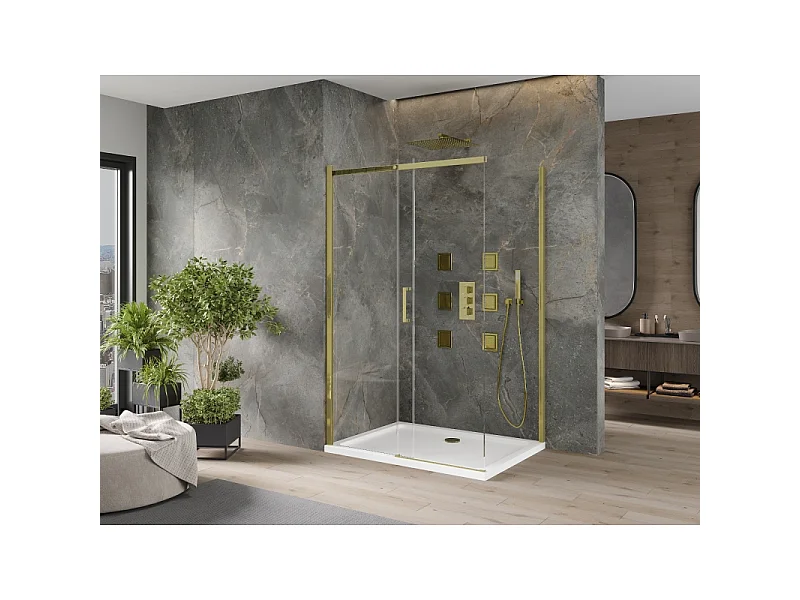 Mexen Omega skydedør brusekabine 140 x 100 cm, transparent, guld + Flat brusekar - 825-140-100-50-00-4010