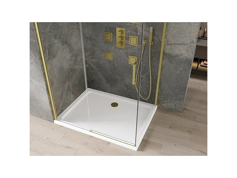 Mexen Omega skydedør brusekabine 140 x 100 cm, transparent, guld + Flat brusekar - 825-140-100-50-00-4010