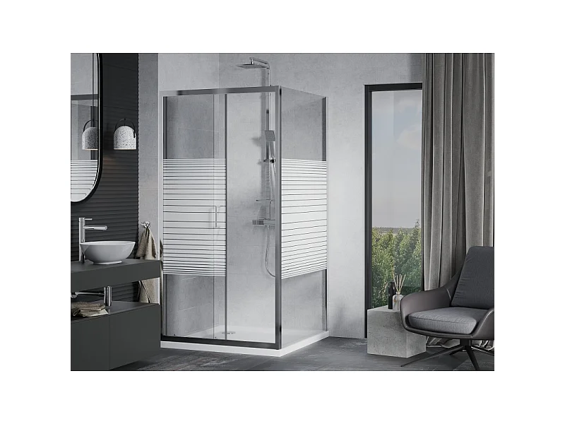 Mexen Apia cabine de douche coulissante 90 x 90 cm, bandes blanches, chrome + receveur plat - 840-090-090-01-20-4010