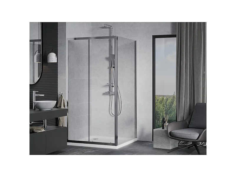 Mexen Apia Schiebeduschkabine 90 x 90 cm, transparent, Chrom + Duschwanne Flat - 840-090-090-01-00-4010