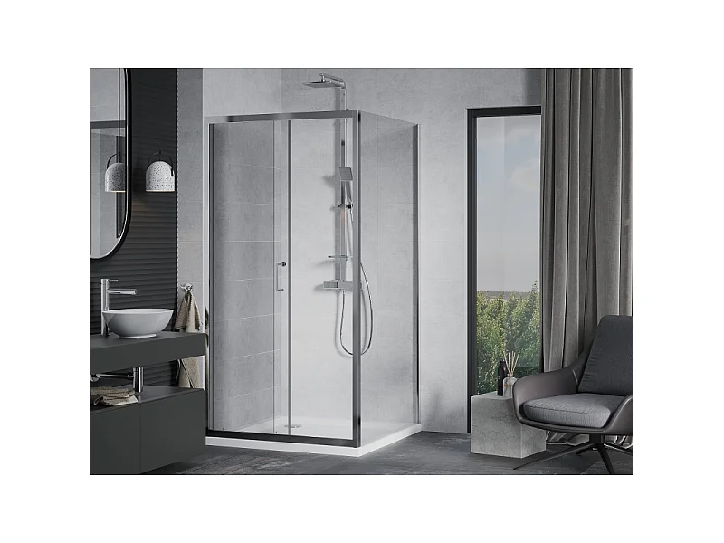 Mexen Apia Schiebeduschkabine 90 x 90 cm, transparent, Chrom + Duschwanne Flat - 840-090-090-01-00-4010