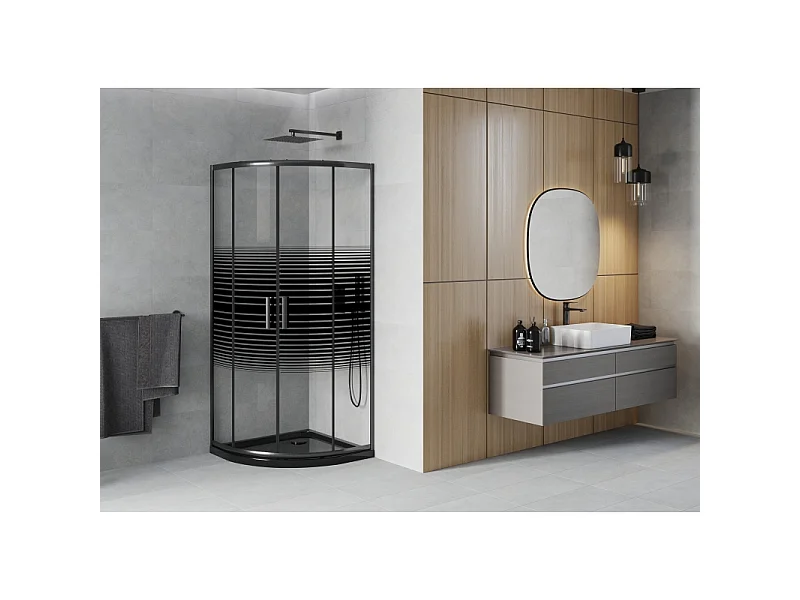Mexen Rio halvcirkelformet brusekabine 80 x 80 cm, sorte striber, sort + Flat brusekar, sort - 863-080-080-70-20-4170B