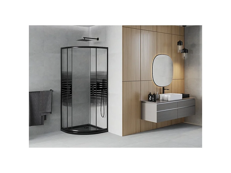 Mexen Rio halvcirkelformet brusekabine 80 x 80 cm, sorte striber, sort + Flat brusekar, sort - 863-080-080-70-20-4170B