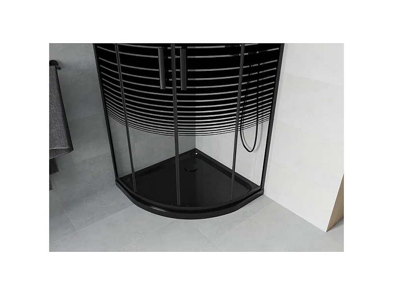 Mexen Rio halvcirkelformet brusekabine 80 x 80 cm, sorte striber, sort + Flat brusekar, sort - 863-080-080-70-20-4170B