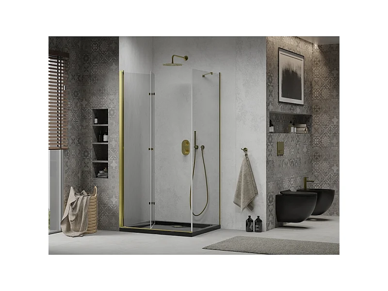 Mexen Lima cabine de douche pliable 90 x 100 cm, transparent, or + receveur Flat, noir - 856-090-100-50-00-4070G